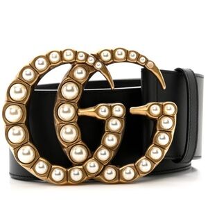 GUCCI - Moon Calfskin Pearl Double G Belt 80•32 Black Cream